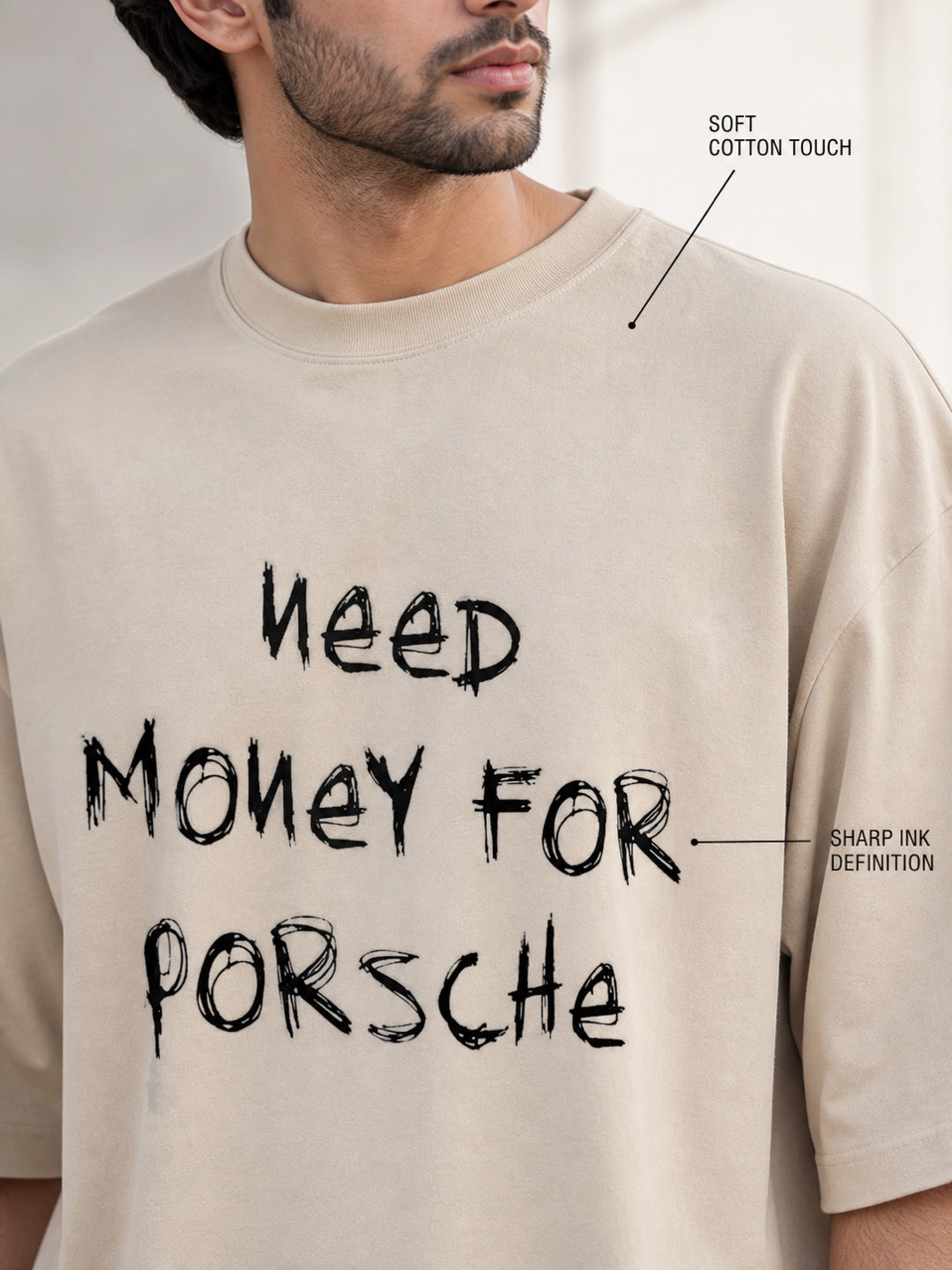 TeeVybe Men’s Beige Porsche GT3 RS Car Graphic Printed Oversized T-Shirt | Premium Automotive Streetwear Tee