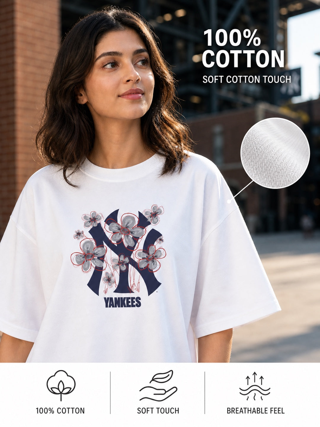 Teevybe New York Yankees Graphic Oversized T-Shirt – White