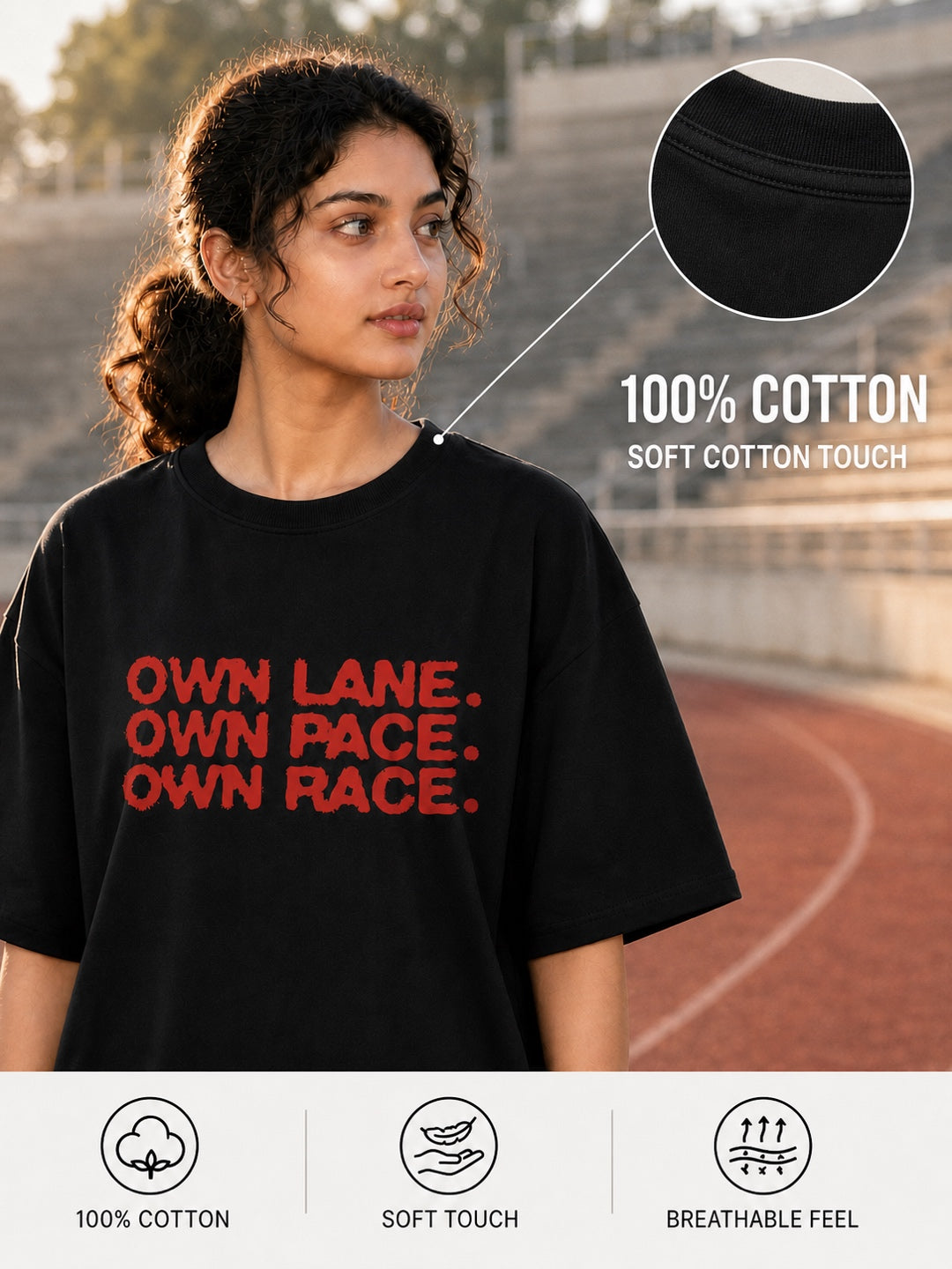 Tevybe Unisex Oversized Black T-Shirt – Own Lane Own Pace Own Race Graphic Print