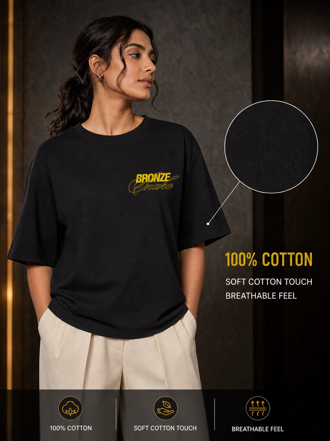TEEVYBE Women’s Black Oversized T-Shirt with Bronze Snake Graphic Print