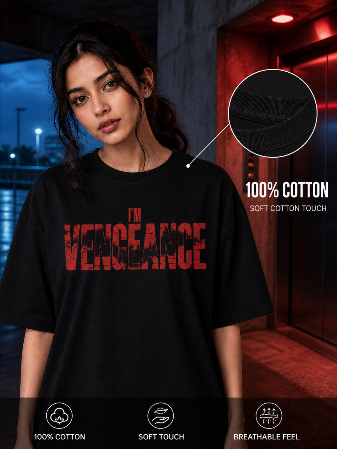 Teevybe I’m Vengeance Graphic Oversized T-Shirt – Black