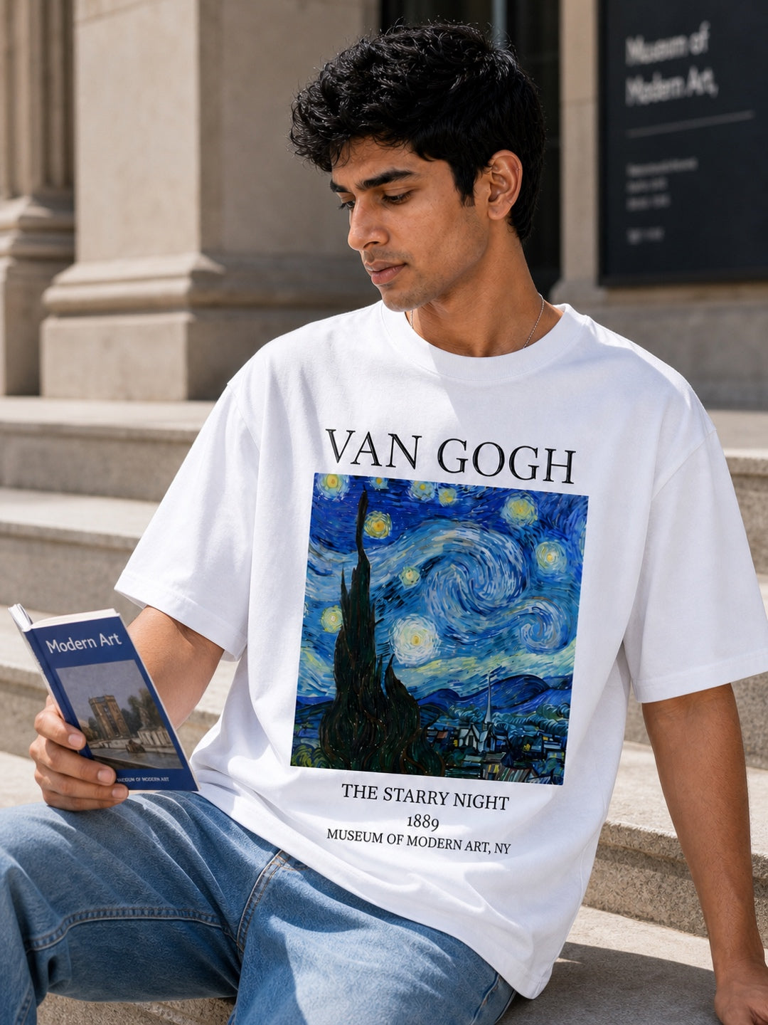 TeeVybe Men’s White Graphic Printed Oversized T-Shirt | Van Gogh Starry Night Artwork Casual Streetwear Tee