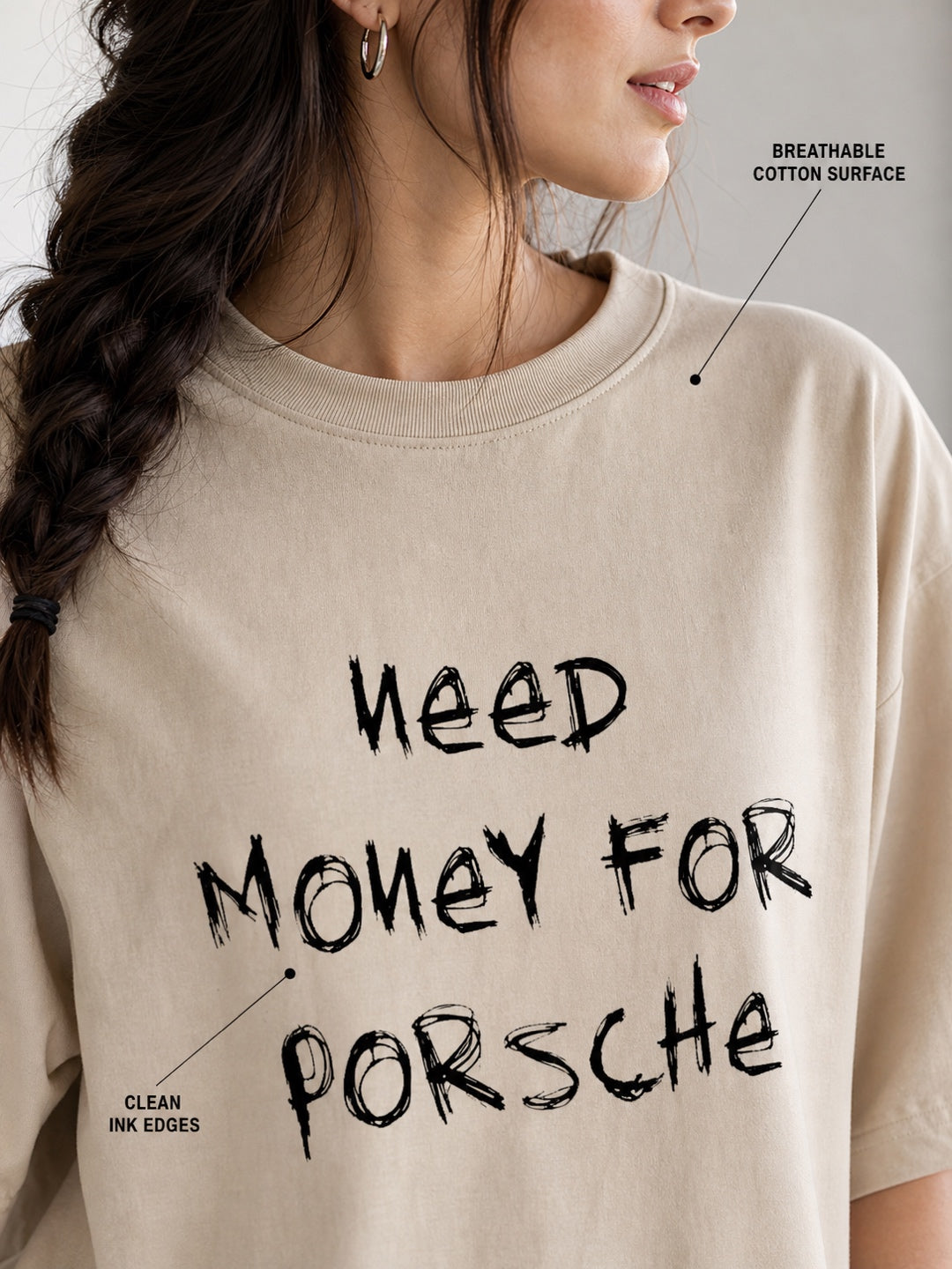 TeeVybe Women’s Beige Graphic Printed Oversized T-Shirt | Porsche Car Racing Graphic Back Print Streetwear Tee