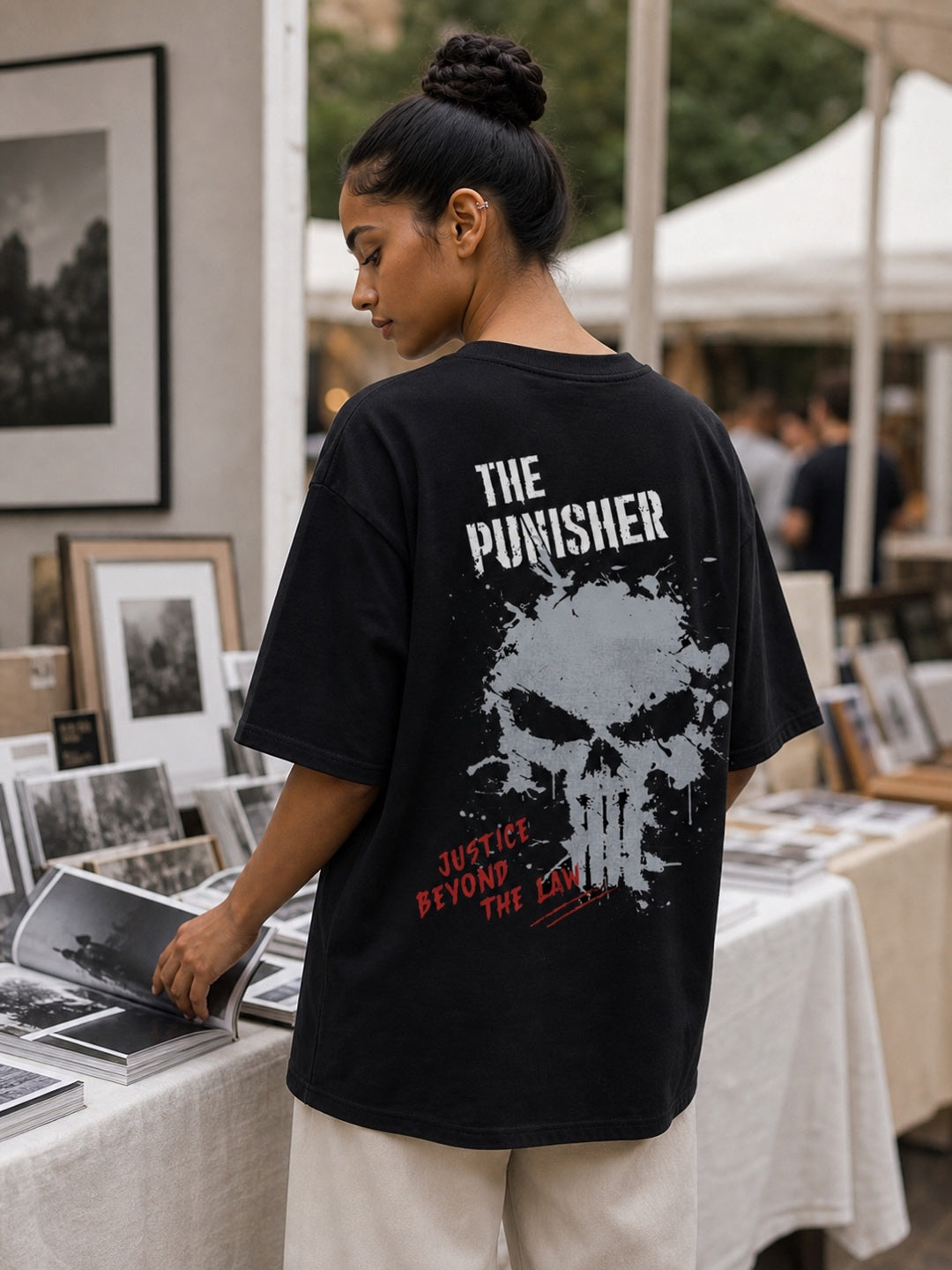 TeeVybe Women’s Black Graphic Printed Oversized T-Shirt | The Punisher Skull Graphic Back Print Streetwear Tee