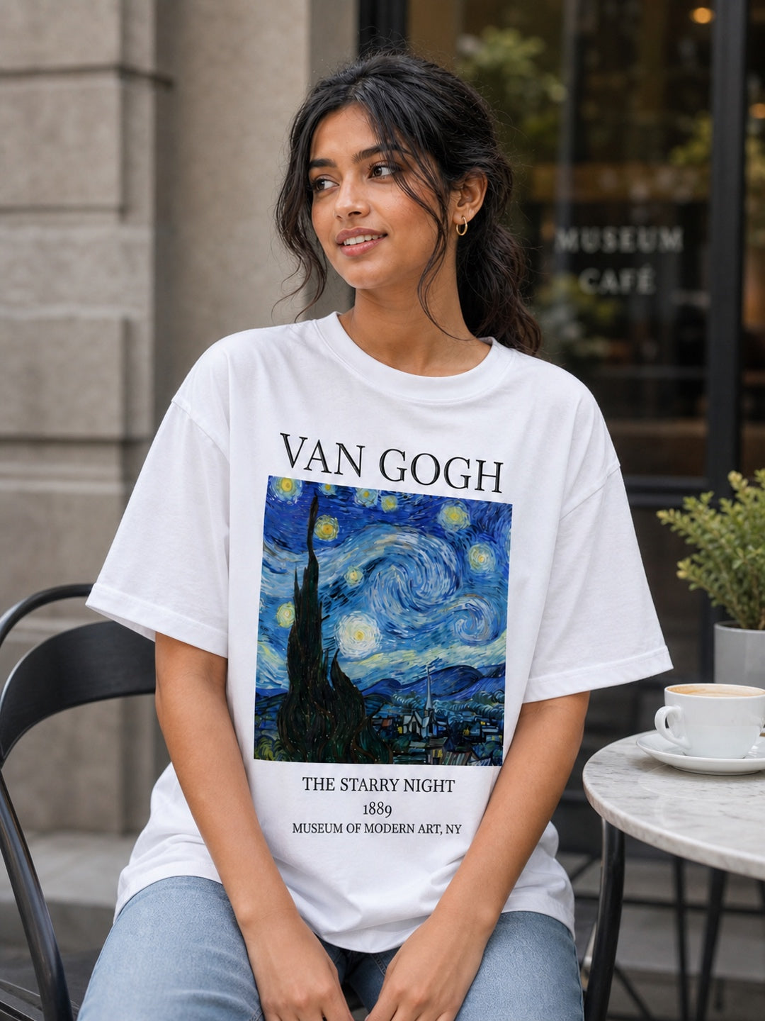 TeeVybe Women’s White Graphic Printed Oversized T-Shirt | Van Gogh Starry Night Artwork Casual Streetwear Tee