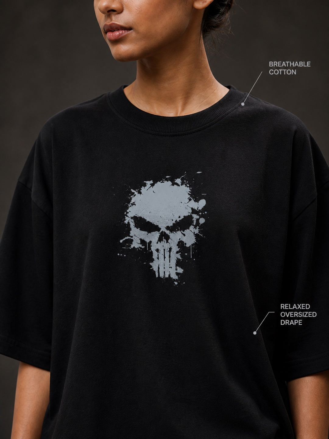 TeeVybe Women’s Black Graphic Printed Oversized T-Shirt | The Punisher Skull Graphic Back Print Streetwear Tee