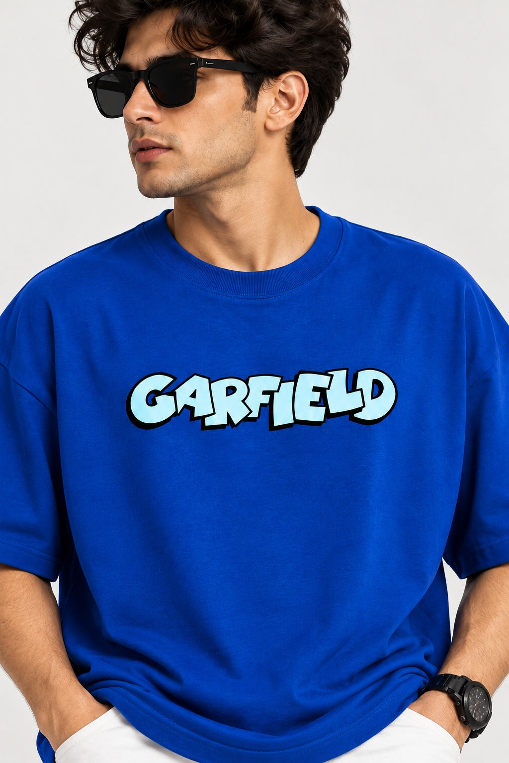 TeeVybe Men’s Royal Blue Garfield Graphic Printed Oversized T-Shirt | Cartoon Back Print Casual Streetwear Tee