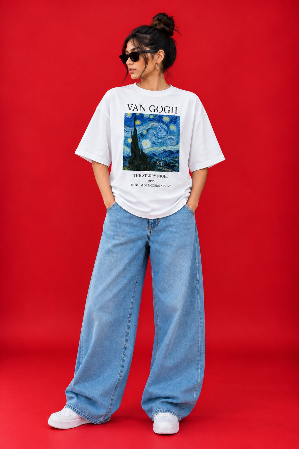 TeeVybe Women’s White Oversized T-Shirt with Van Gogh Starry Night Graphic Print