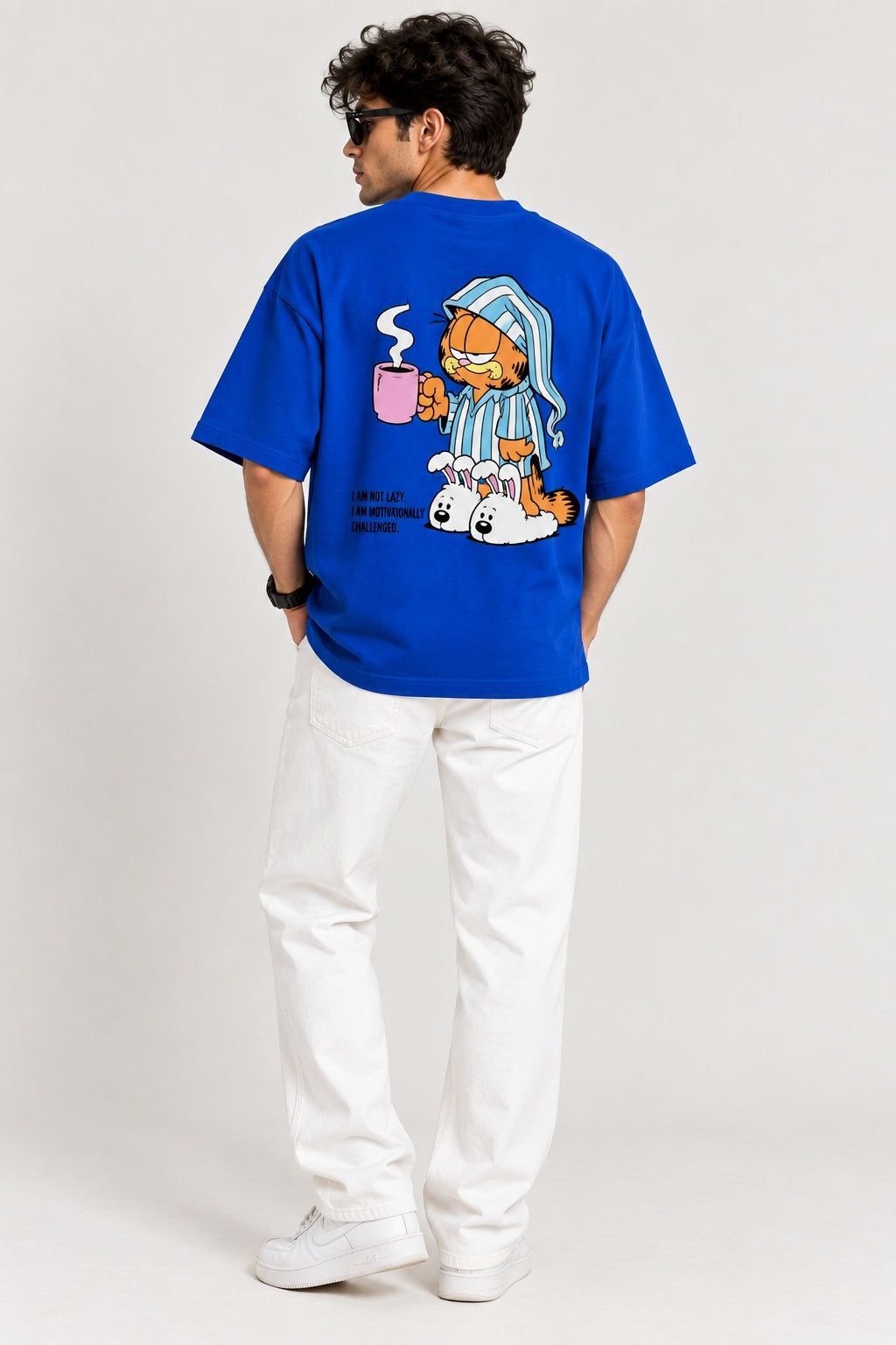 TeeVybe Men’s Royal Blue Garfield Graphic Printed Oversized T-Shirt | Cartoon Back Print Casual Streetwear Tee