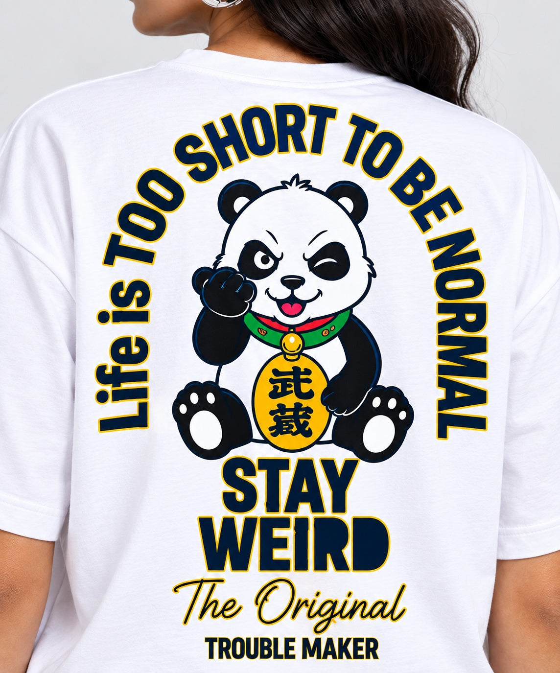 TeeVybe Women’s White Graphic Printed Oversized Round Neck T-Shirt | Stay Weird Panda Back Print