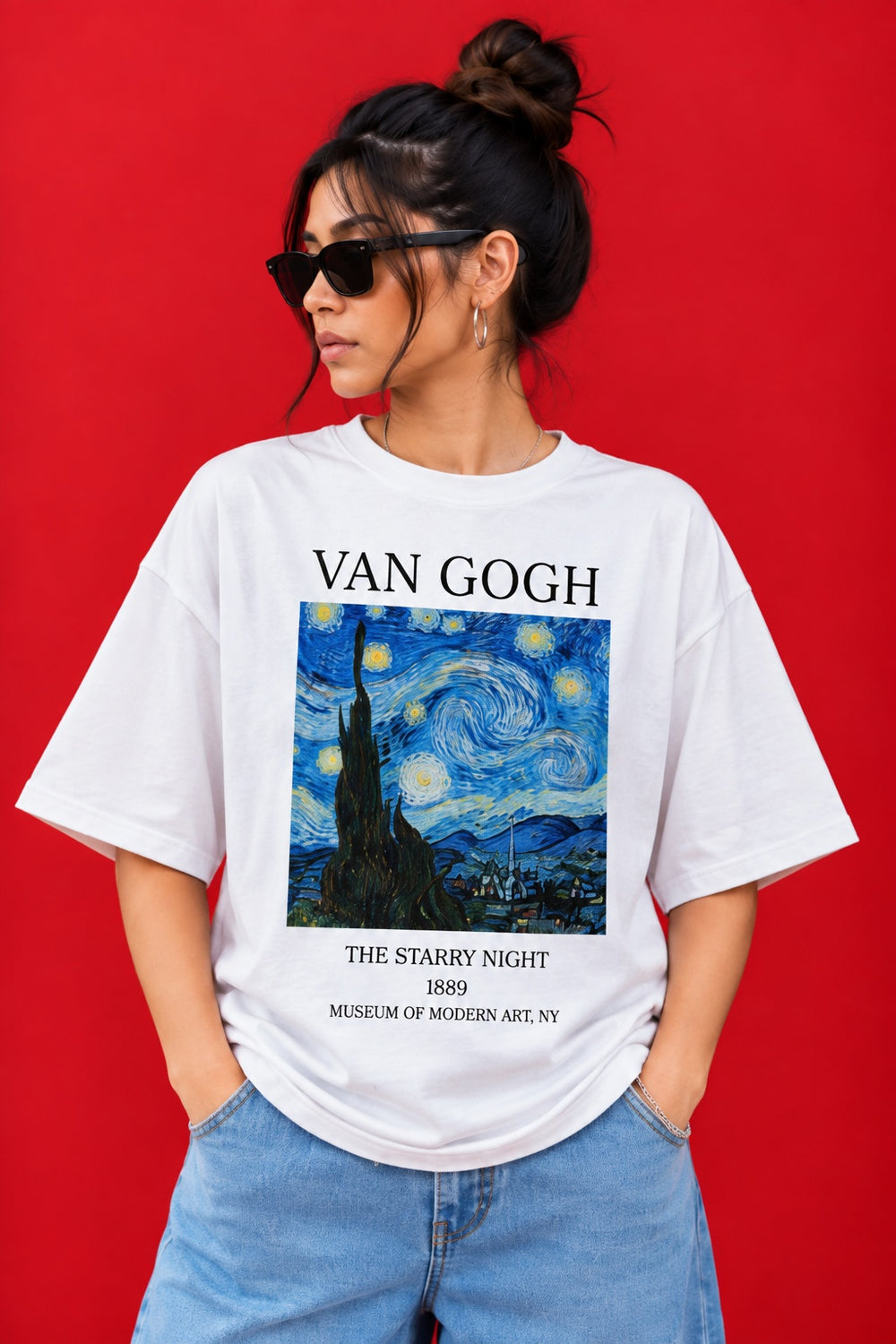 TeeVybe Women’s White Oversized T-Shirt with Van Gogh Starry Night Graphic Print