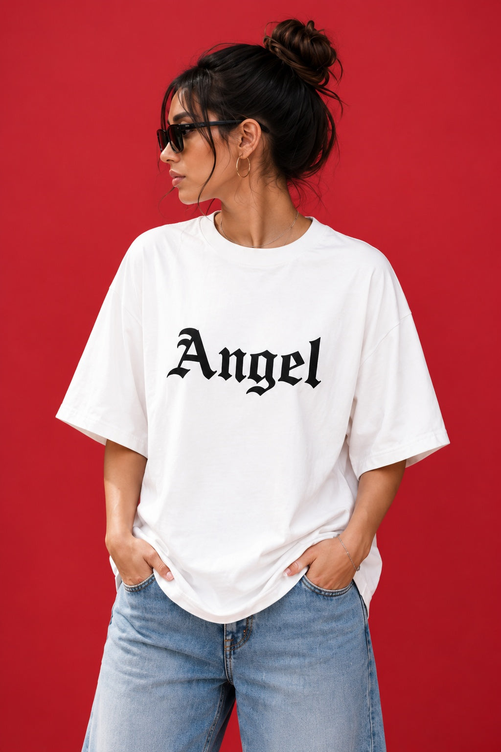 Women’s White Oversized T-Shirt with Angel Wings Graphic Print