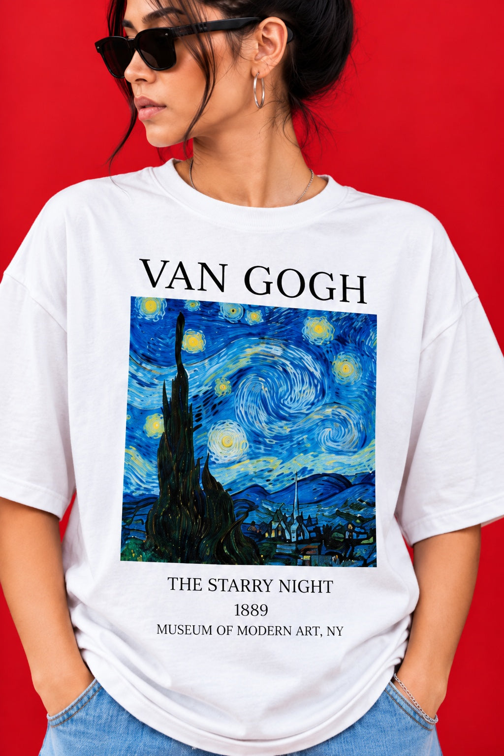 TeeVybe Women’s White Oversized T-Shirt with Van Gogh Starry Night Graphic Print