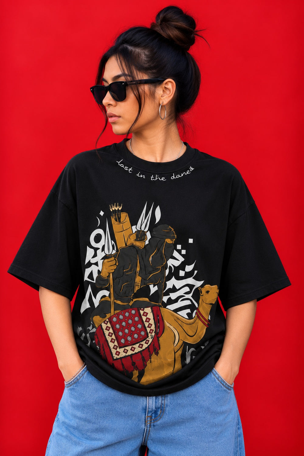 TeeVybe Women’s Black Oversized T-Shirt with Desert Warrior Graphic Print