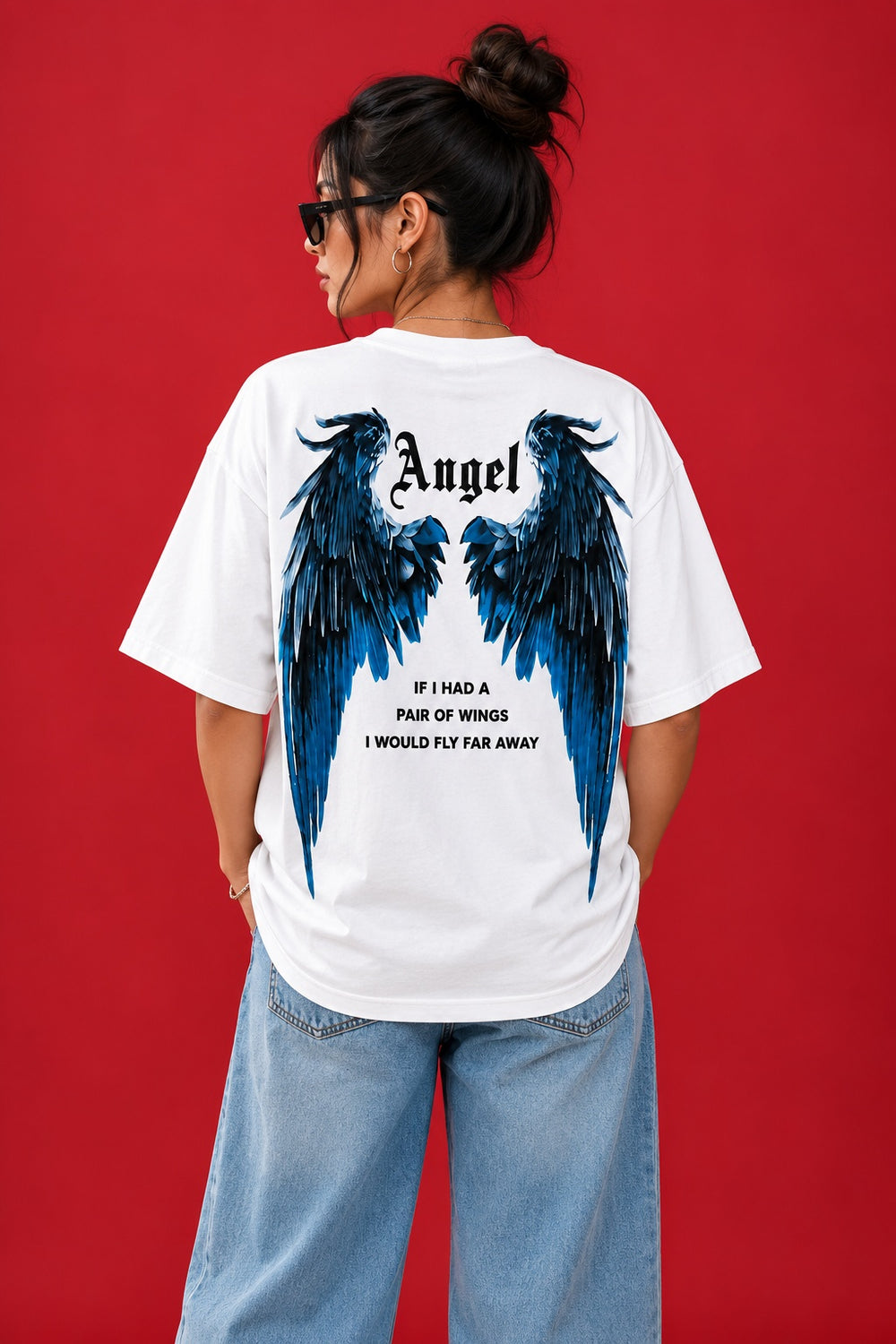 Women’s White Oversized T-Shirt with Angel Wings Graphic Print
