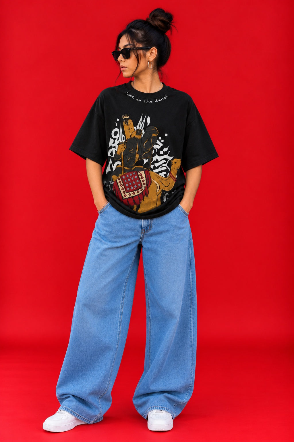 TeeVybe Women’s Black Oversized T-Shirt with Desert Warrior Graphic Print