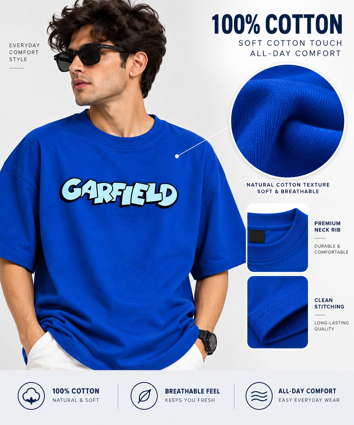 TeeVybe Men’s Royal Blue Garfield Graphic Printed Oversized T-Shirt | Cartoon Back Print Casual Streetwear Tee