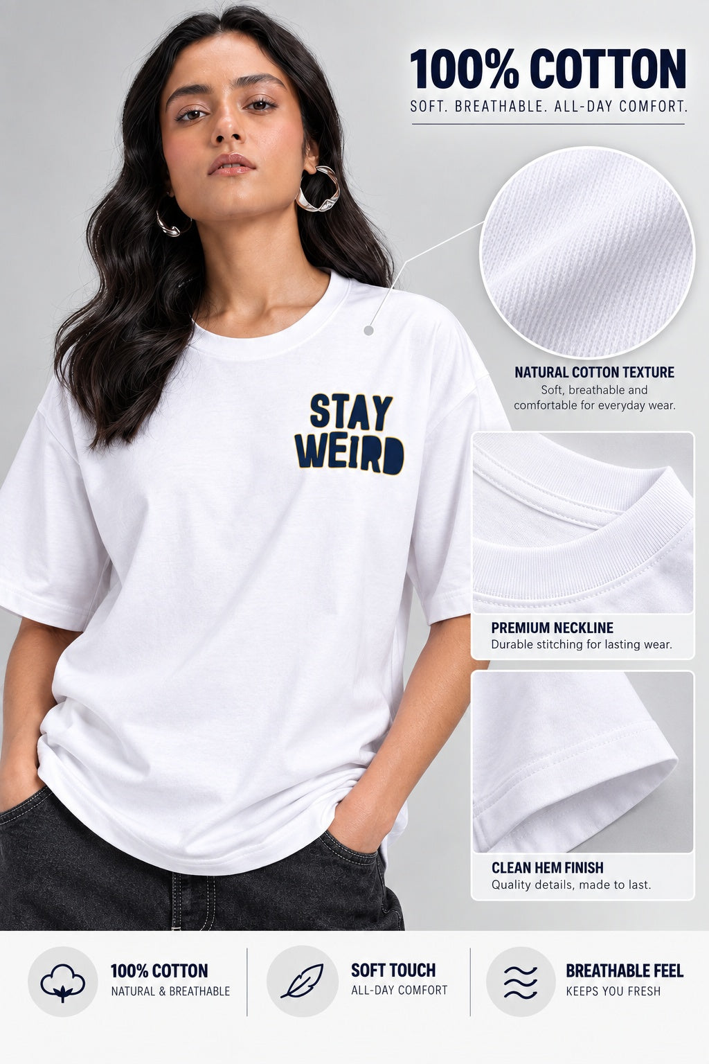 TeeVybe Women’s White Graphic Printed Oversized Round Neck T-Shirt | Stay Weird Panda Back Print