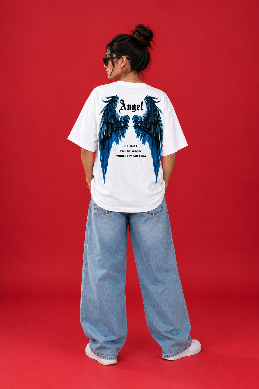 Women’s White Oversized T-Shirt with Angel Wings Graphic Print