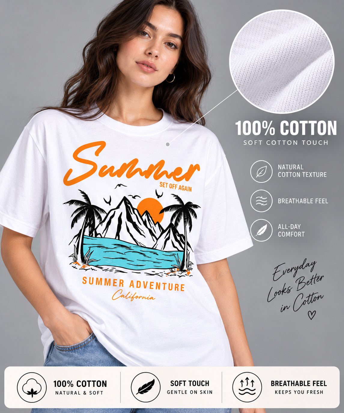 TeeVybe Women’s White Summer Adventure Graphic Printed Round Neck T-Shirt