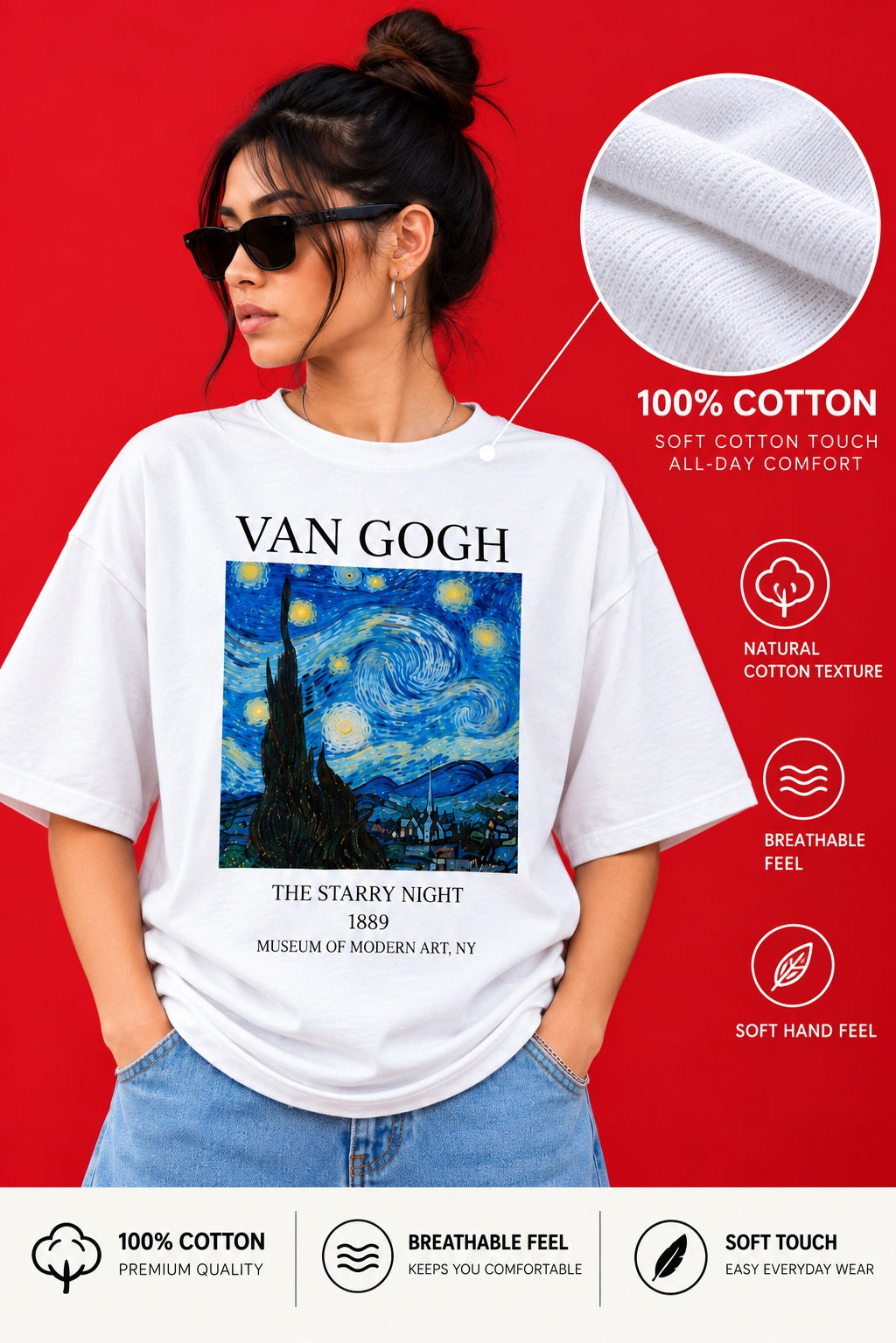 TeeVybe Women’s White Oversized T-Shirt with Van Gogh Starry Night Graphic Print