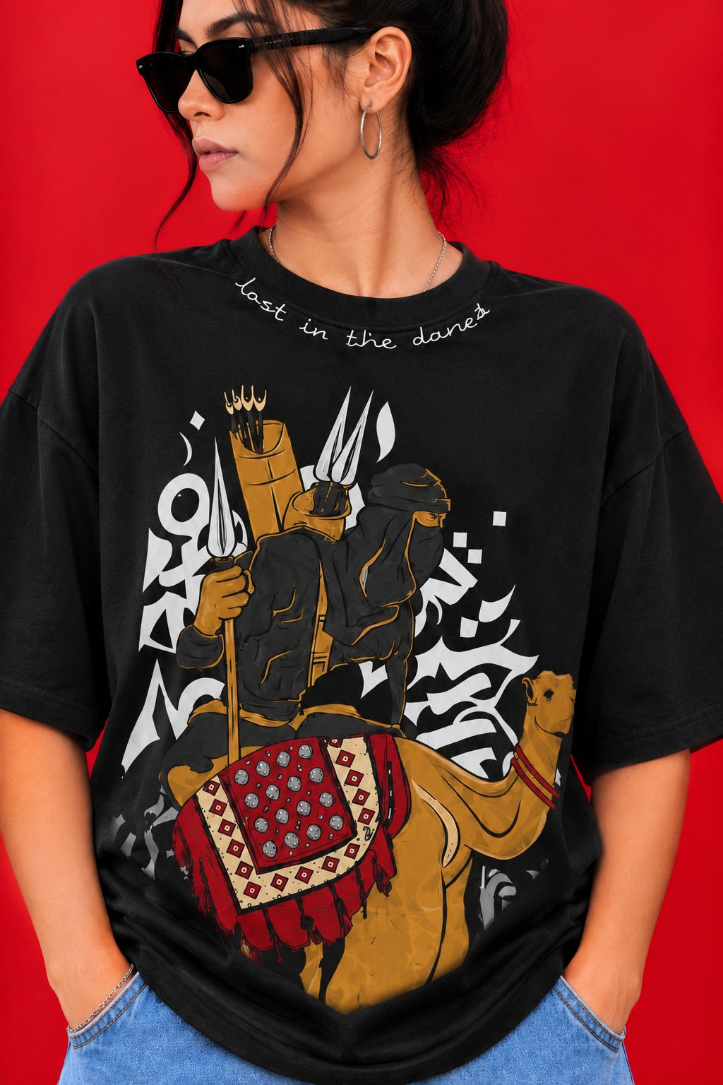 TeeVybe Women’s Black Oversized T-Shirt with Desert Warrior Graphic Print