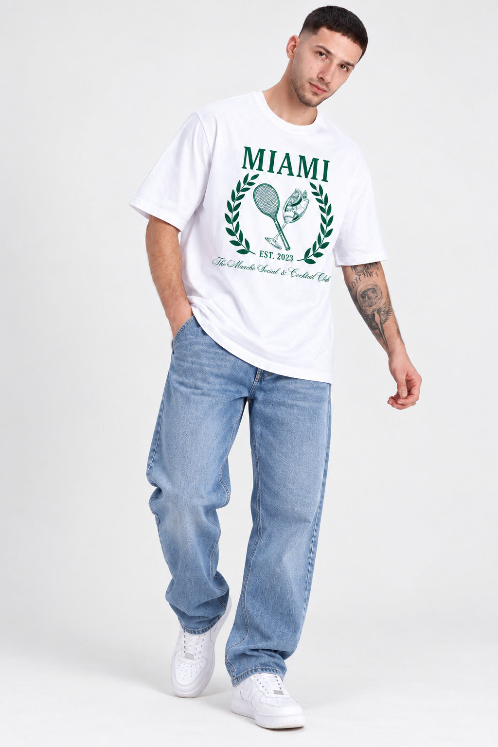 TeeVybe Men’s White Miami Graphic Printed Round Neck T-Shirt