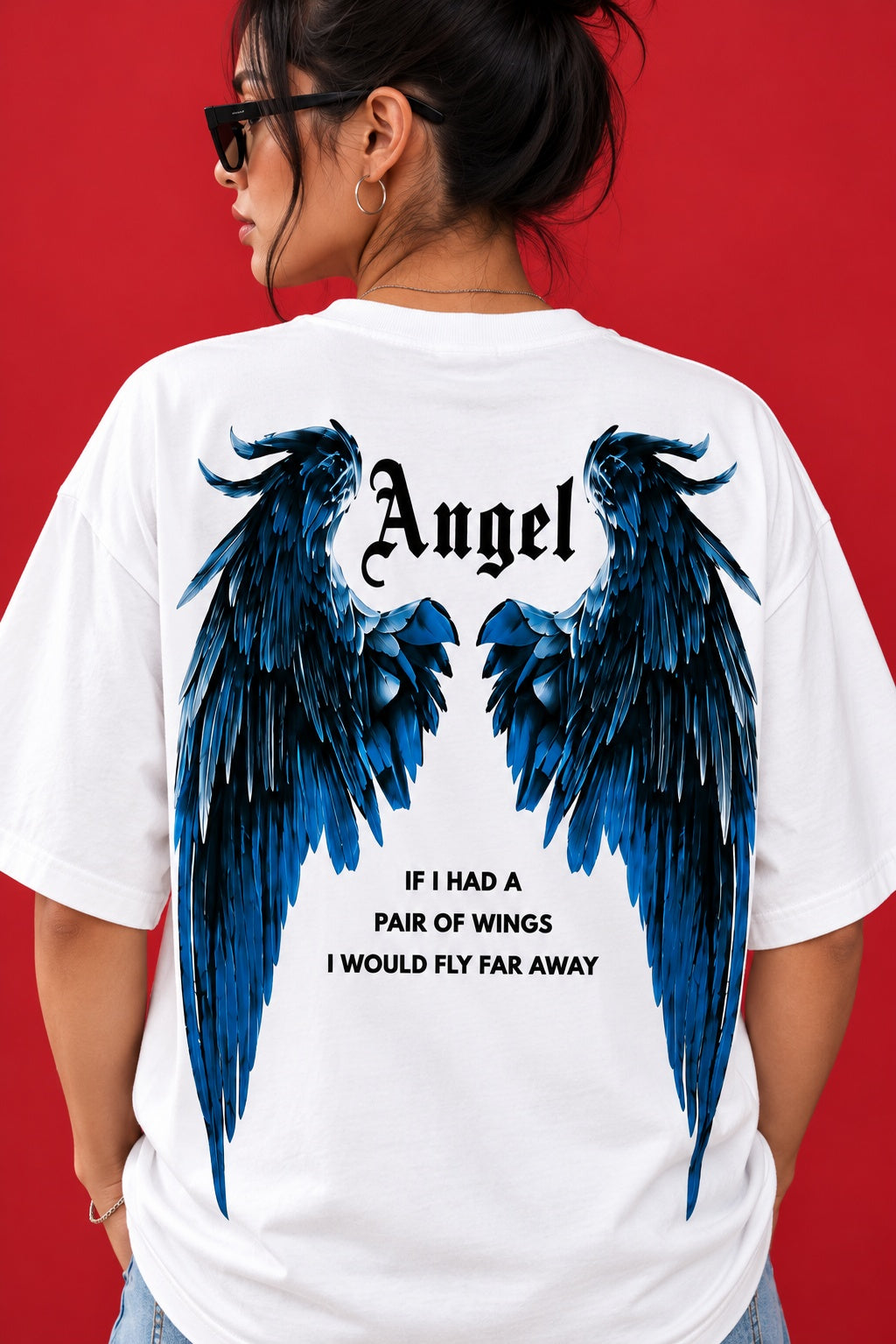 Women’s White Oversized T-Shirt with Angel Wings Graphic Print