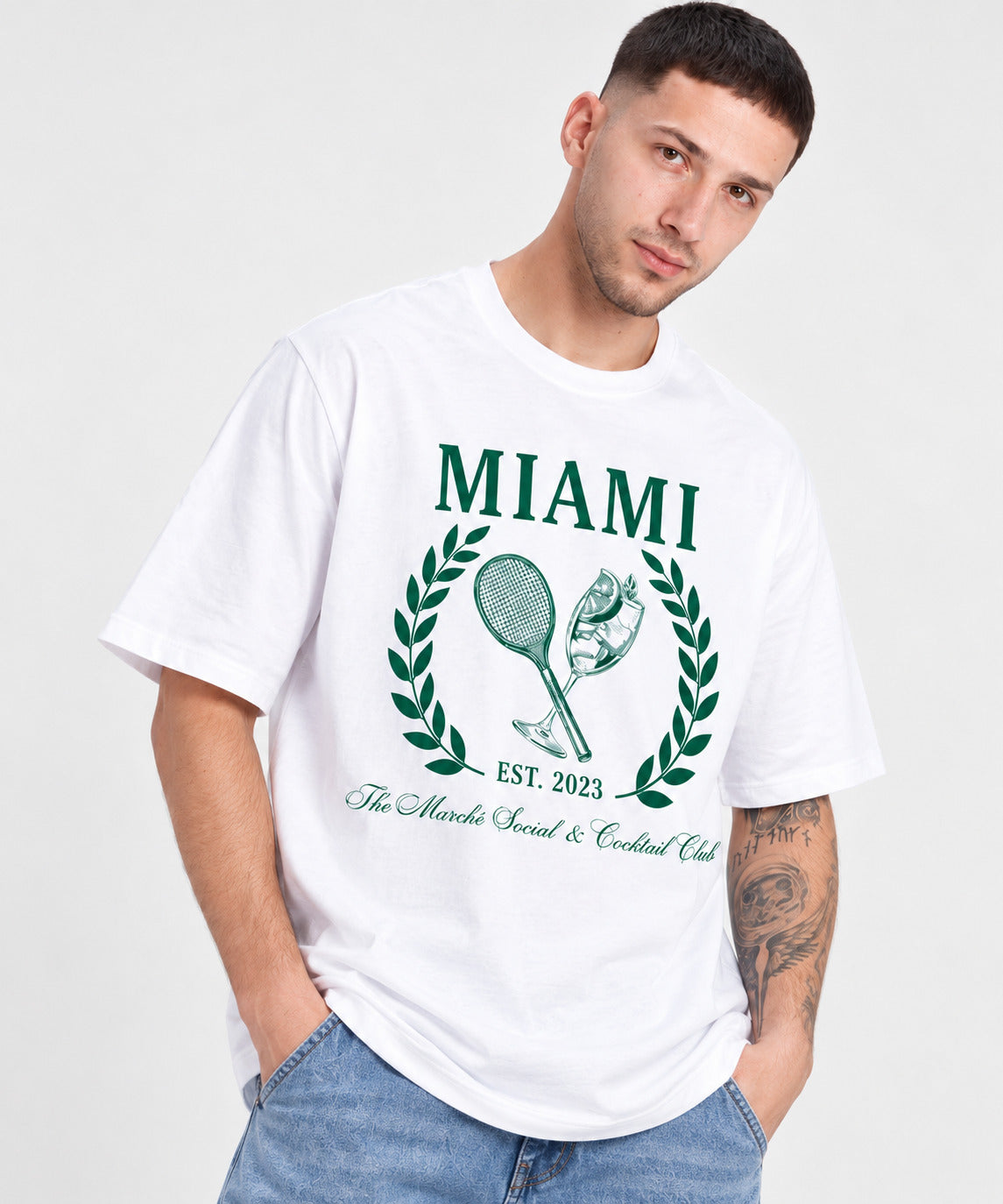 TeeVybe Men’s White Miami Graphic Printed Round Neck T-Shirt