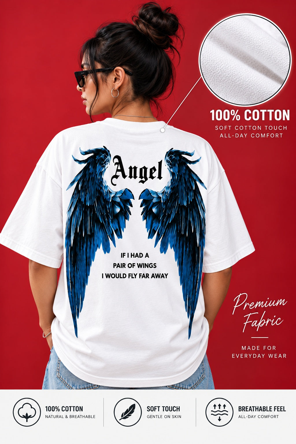 Women’s White Oversized T-Shirt with Angel Wings Graphic Print
