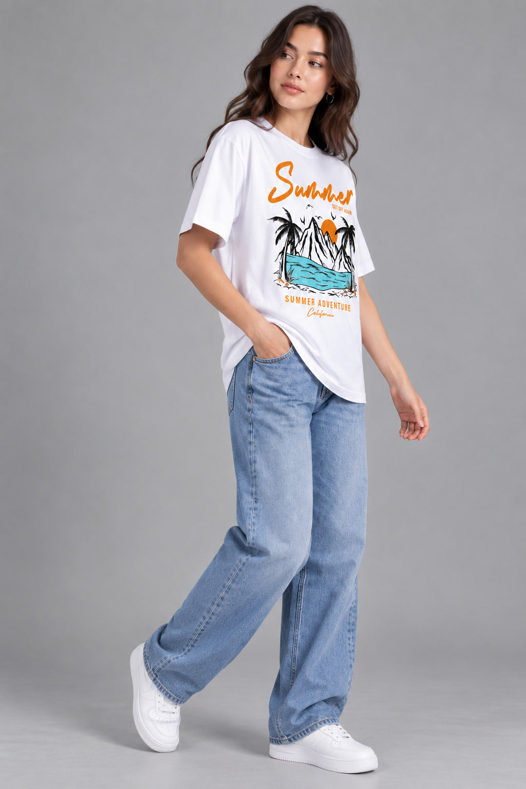 TeeVybe Women’s White Summer Adventure Graphic Printed Round Neck T-Shirt