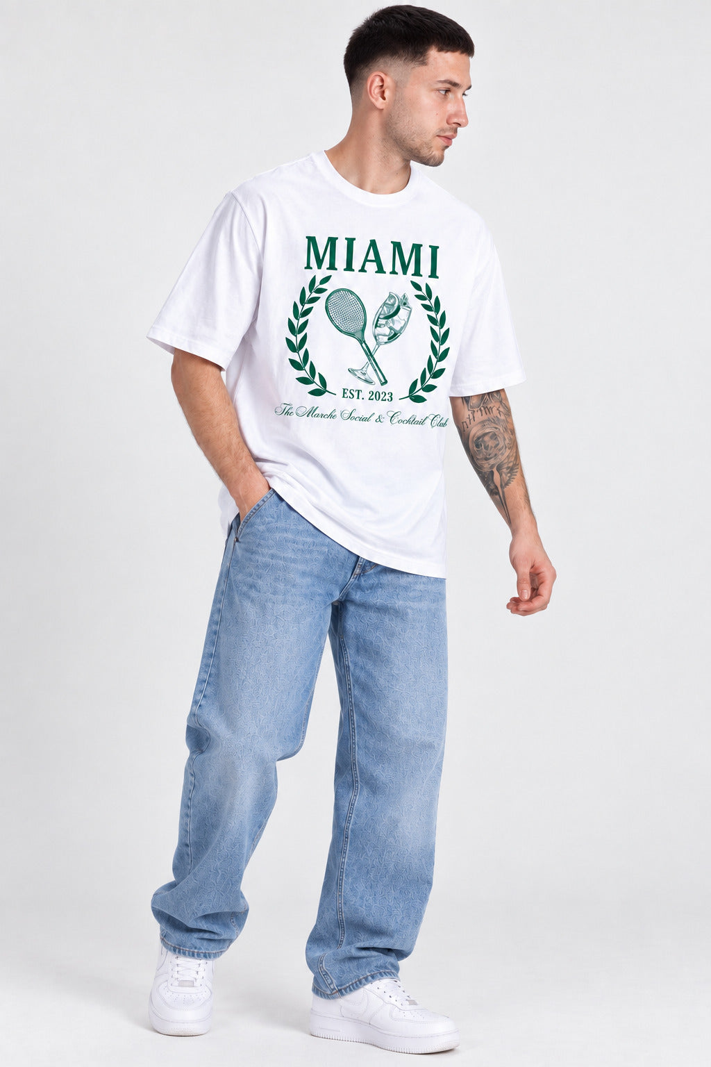 TeeVybe Men’s White Miami Graphic Printed Round Neck T-Shirt