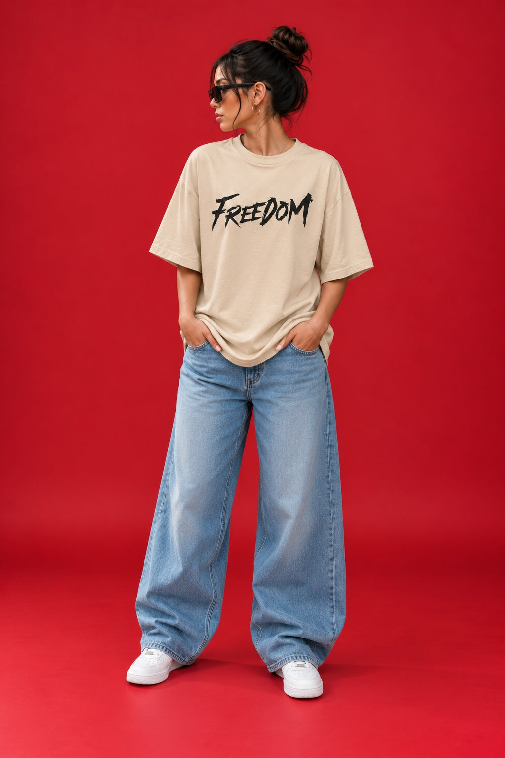 TEEVYBE Women’s Beige Oversized T-Shirt with Freedom Graphic Print