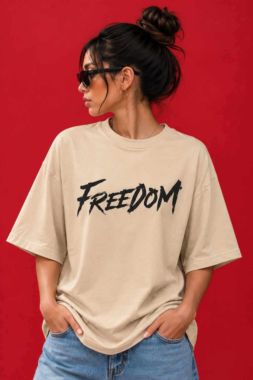 TEEVYBE Women’s Beige Oversized T-Shirt with Freedom Graphic Print