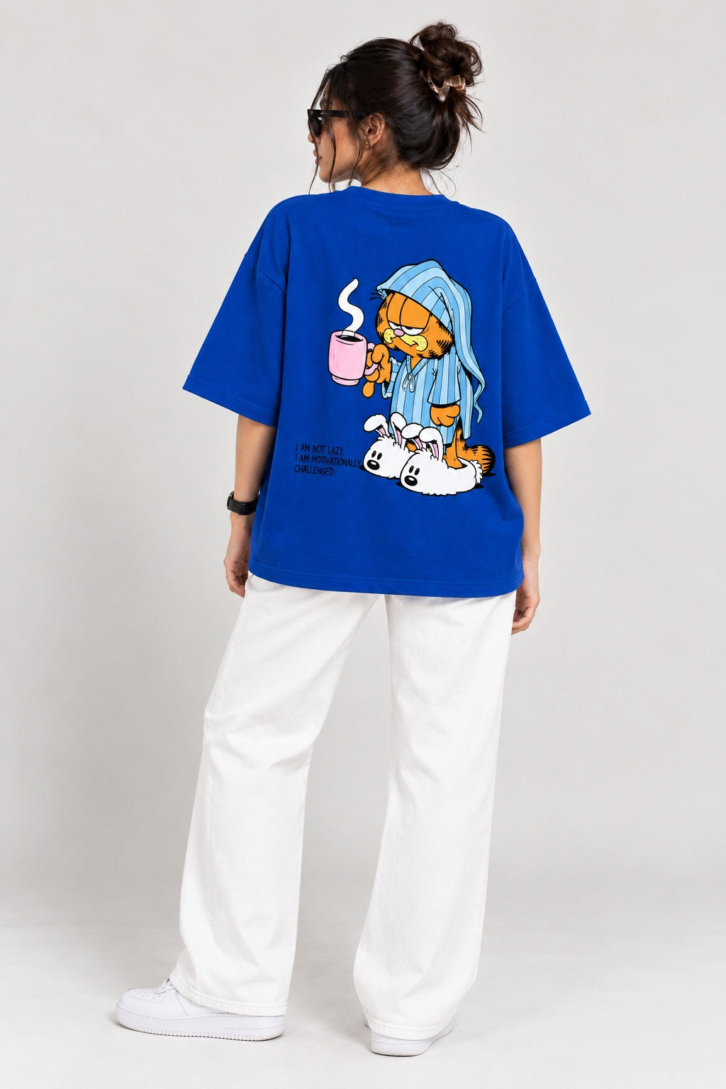 TeeVybe Women’s Royal Blue Garfield Graphic Printed Oversized T-Shirt | Cartoon Back Print Casual Streetwear Tee