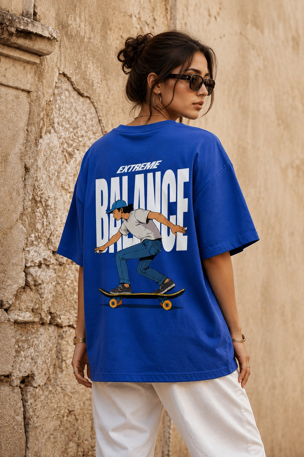 TeeVybe Women’s Royal Blue Graphic Printed Oversized T-Shirt | Extreme Balance Skateboard Streetwear Tee