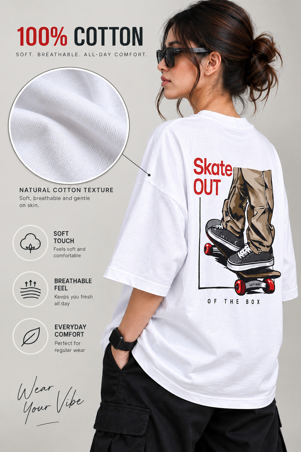 TeeVybe Women’s White Graphic Printed Oversized Round Neck T-Shirt | Skateboard Streetwear Back Print