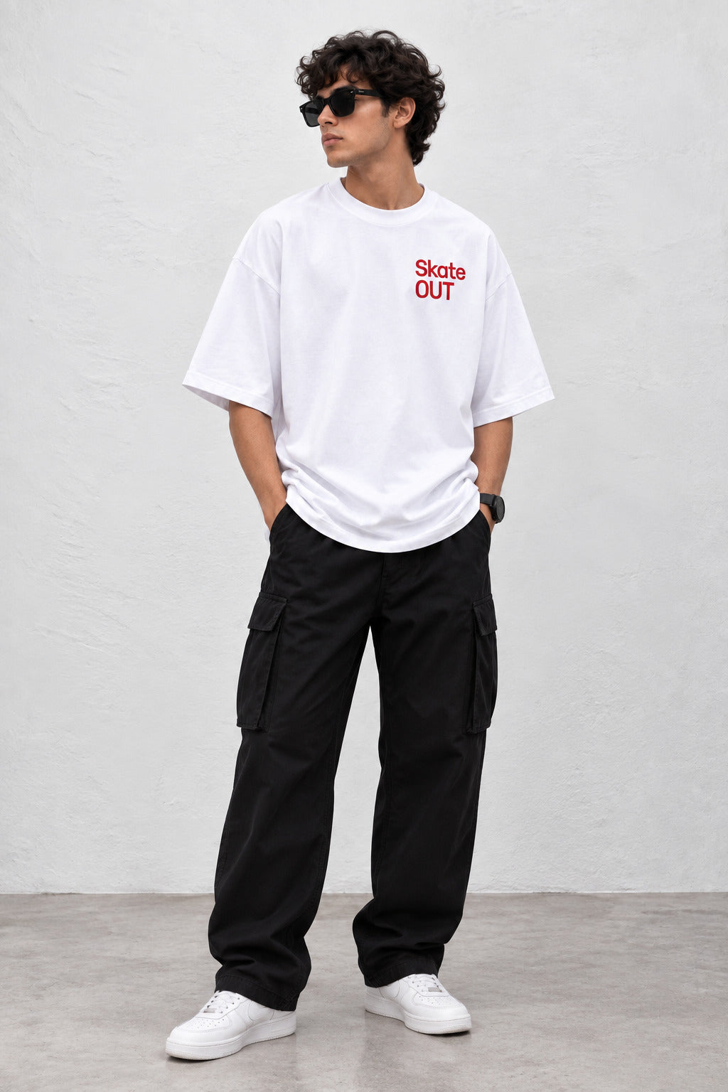 TeeVybe Men’s White Graphic Printed Oversized Round Neck T-Shirt | Skateboard Streetwear Back Print