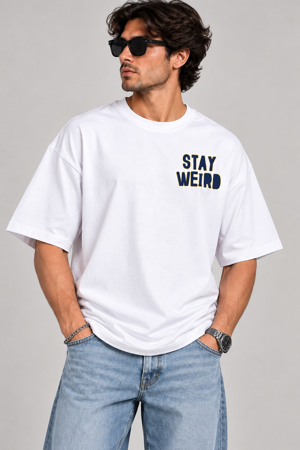TeeVybe Men’s White Graphic Printed Oversized Round Neck T-Shirt | Stay Weird Panda Back Print