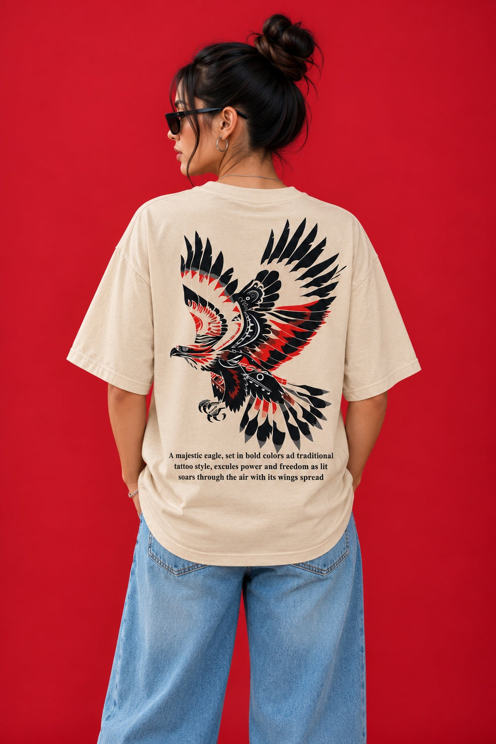 TEEVYBE Women’s Beige Oversized T-Shirt with Freedom Graphic Print