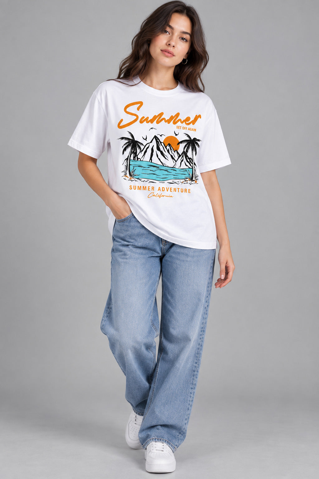 TeeVybe Women’s White Summer Adventure Graphic Printed Round Neck T-Shirt