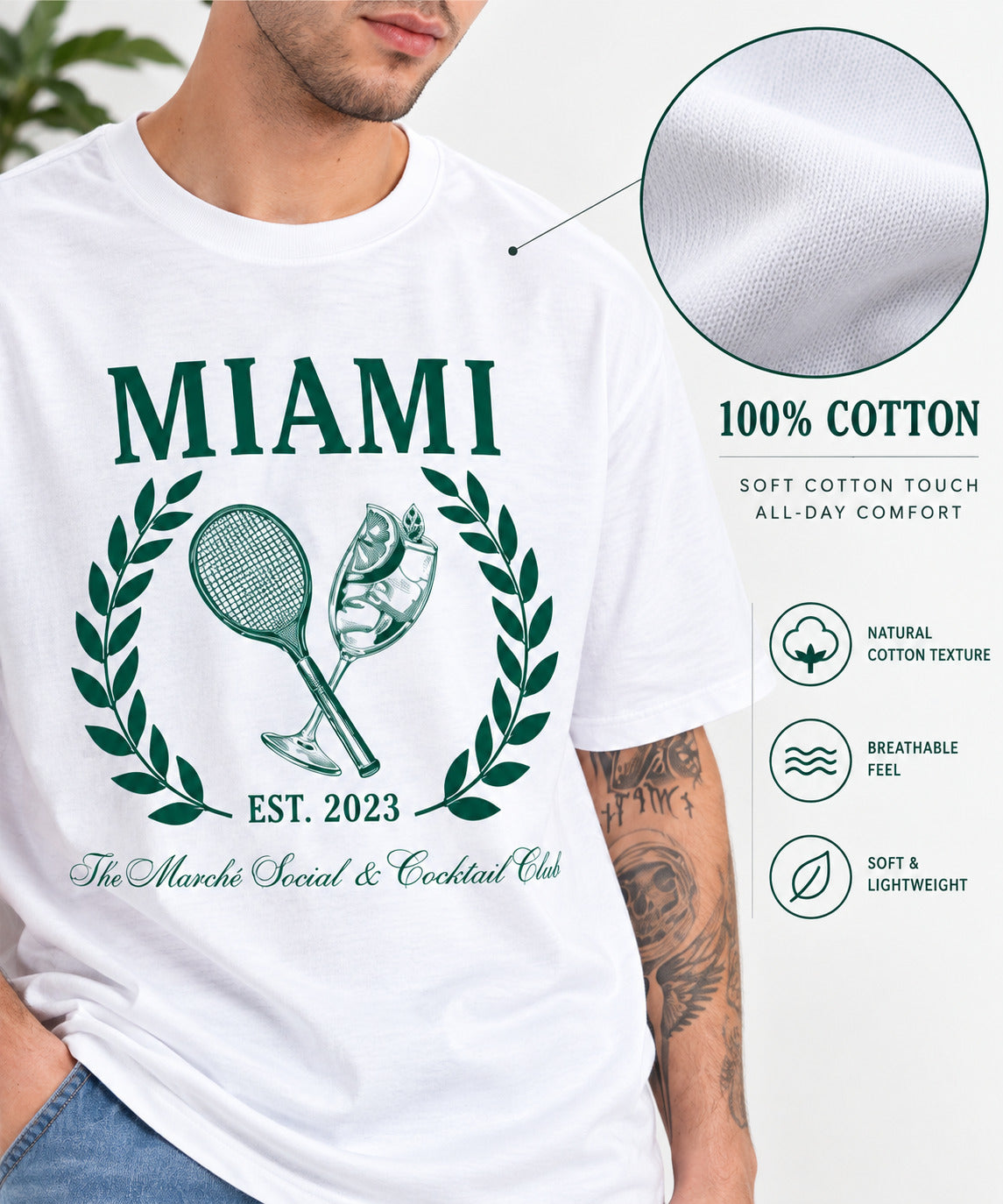 TeeVybe Men’s White Miami Graphic Printed Round Neck T-Shirt