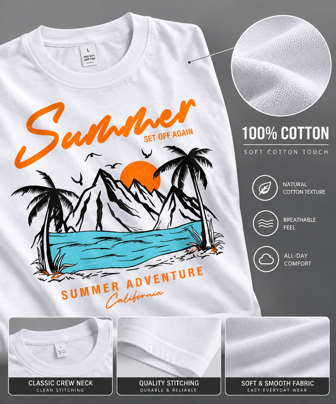 TeeVybe Men’s White Summer Adventure Graphic Printed Round Neck T-Shirt