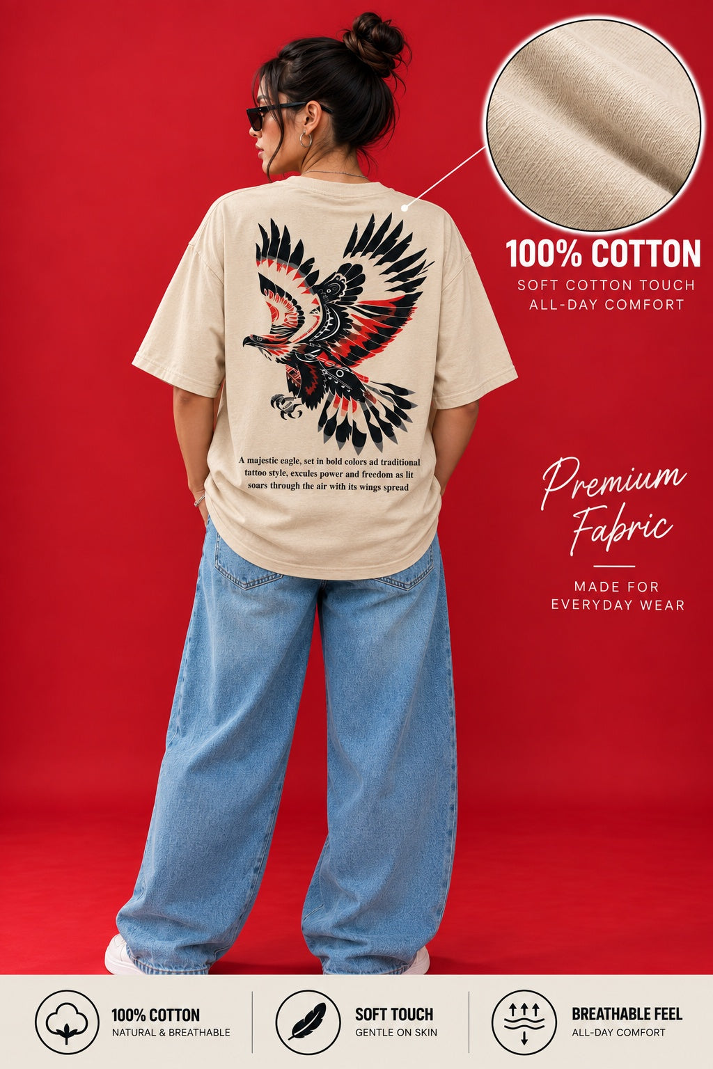 TEEVYBE Women’s Beige Oversized T-Shirt with Freedom Graphic Print