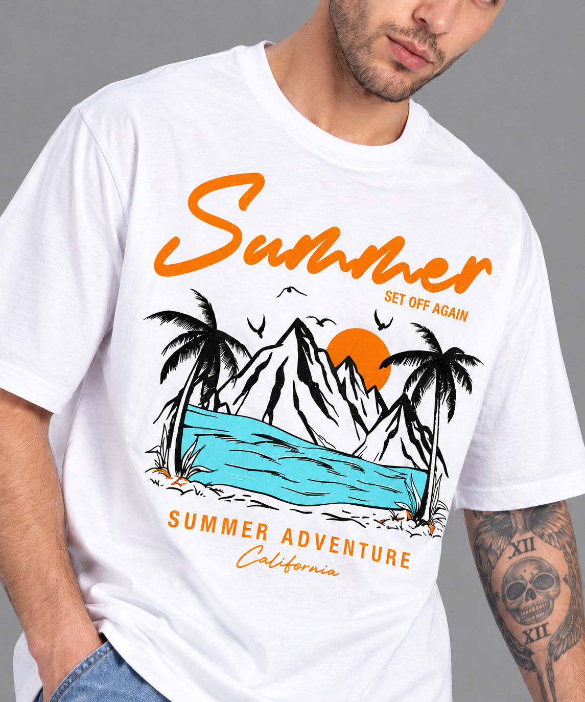 TeeVybe Men’s White Summer Adventure Graphic Printed Round Neck T-Shirt