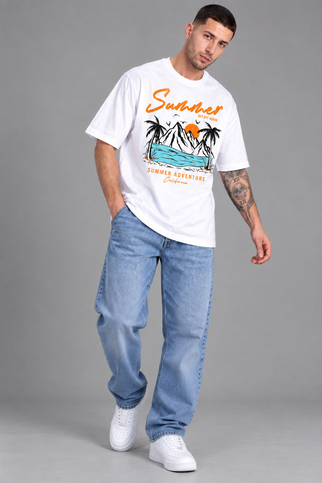 TeeVybe Men’s White Summer Adventure Graphic Printed Round Neck T-Shirt