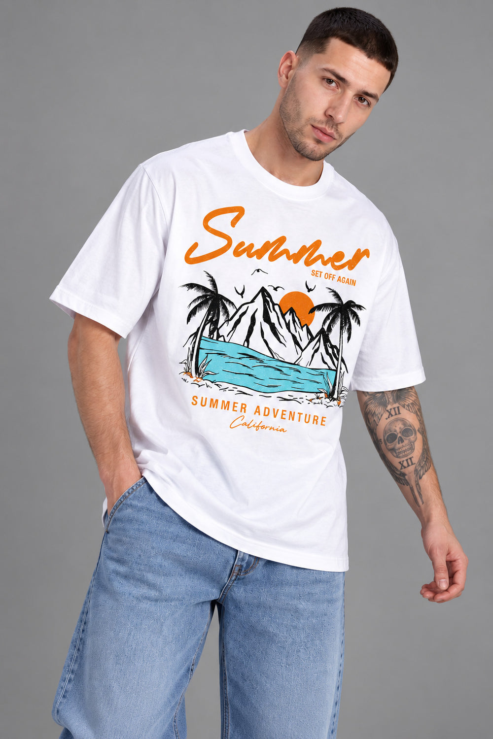 TeeVybe Men’s White Summer Adventure Graphic Printed Round Neck T-Shirt