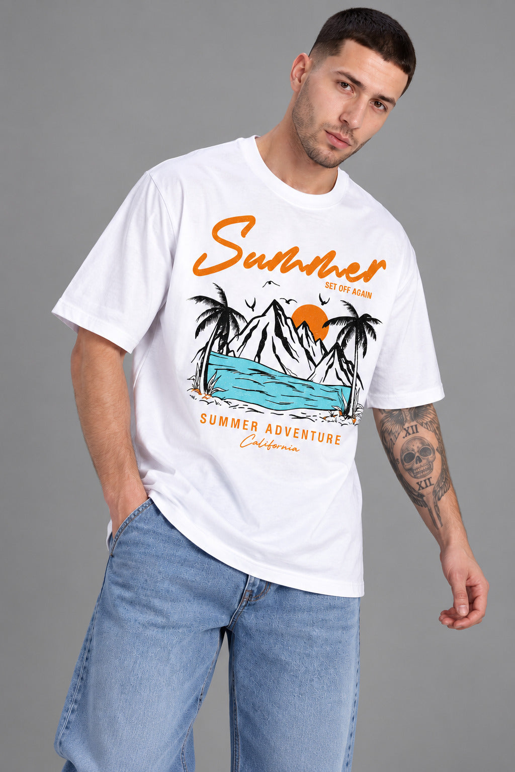 TeeVybe Men’s White Summer Adventure Graphic Printed Round Neck T-Shirt