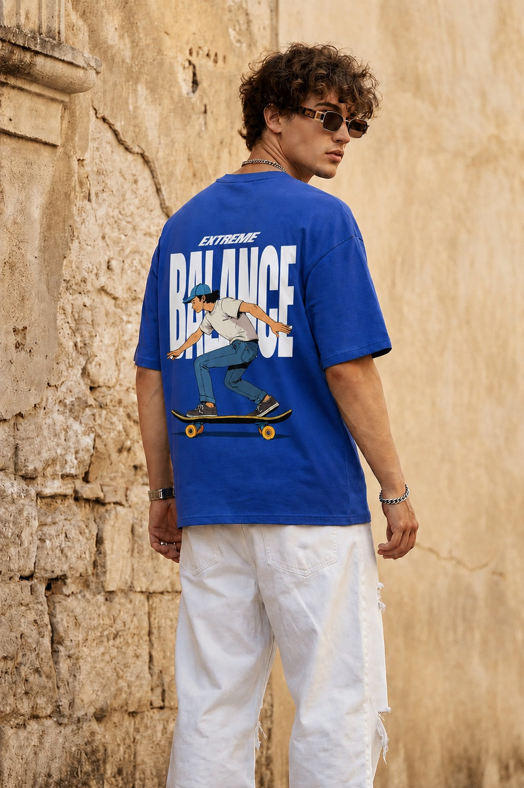 TeeVybe Men’s Royal Blue Graphic Printed Oversized T-Shirt | Extreme Balance Skateboard Print Casual Streetwear Tee