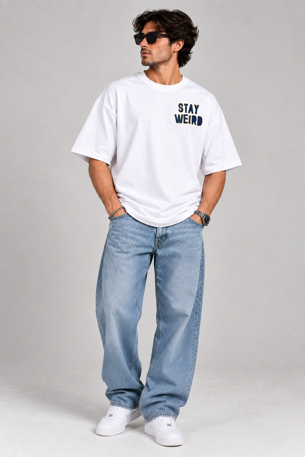 TeeVybe Men’s White Graphic Printed Oversized Round Neck T-Shirt | Stay Weird Panda Back Print